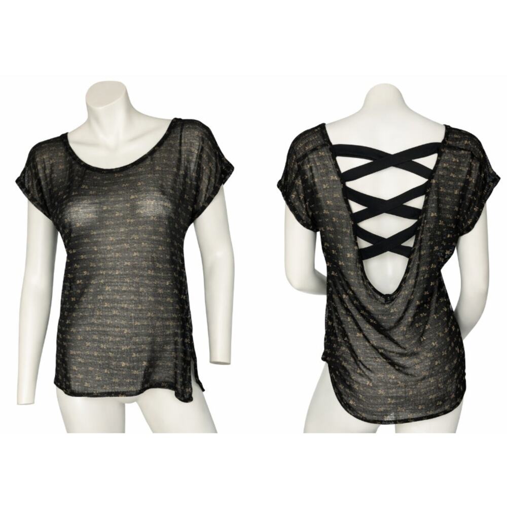 Timing Sheer Black Mesh Top Gold Bow Detail Strappy Back Blouse Size Small